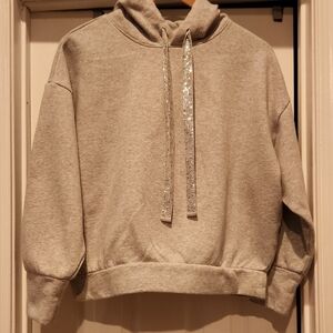 Express Light Gray Hoodie Sweater with Bedazzled Drawstrings